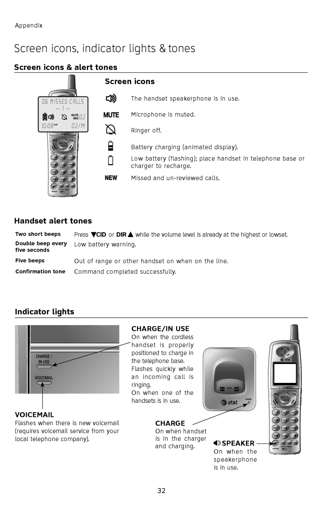 AT&T E5802B Screen icons, indicator lights & tones, Screen icons & alert tones, Handset alert tones, Indicator lights 